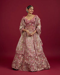 Mohey Women Berry Pink Floral Embroidered Bridal Lehenga