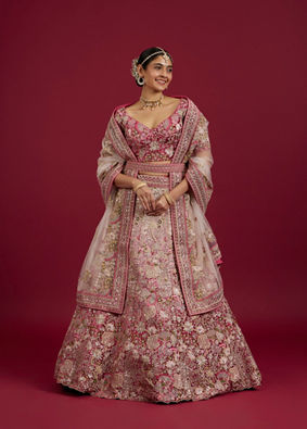 Mohey Women Berry Pink Floral Embroidered Bridal Lehenga image number 0