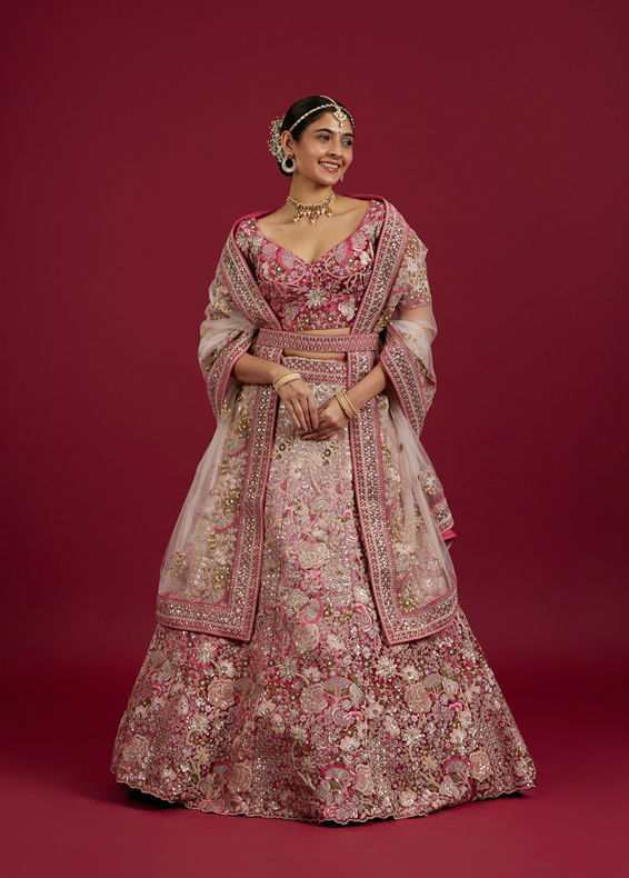 Mohey Women Berry Pink Floral Embroidered Bridal Lehenga