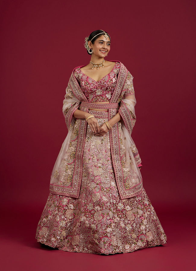 Mohey Women Berry Pink Floral Embroidered Bridal Lehenga image number 0