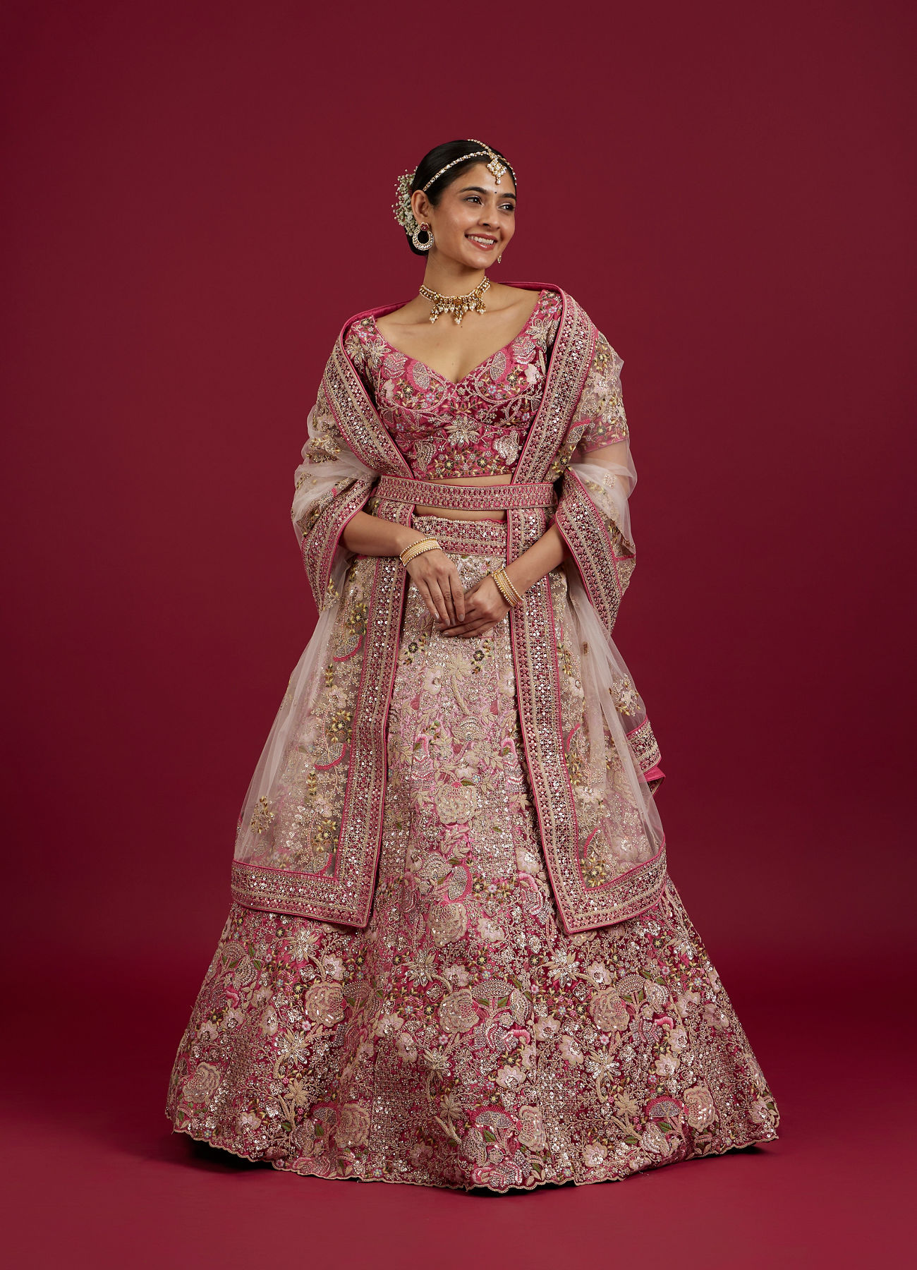 Mohey Women Berry Pink Floral Embroidered Bridal Lehenga