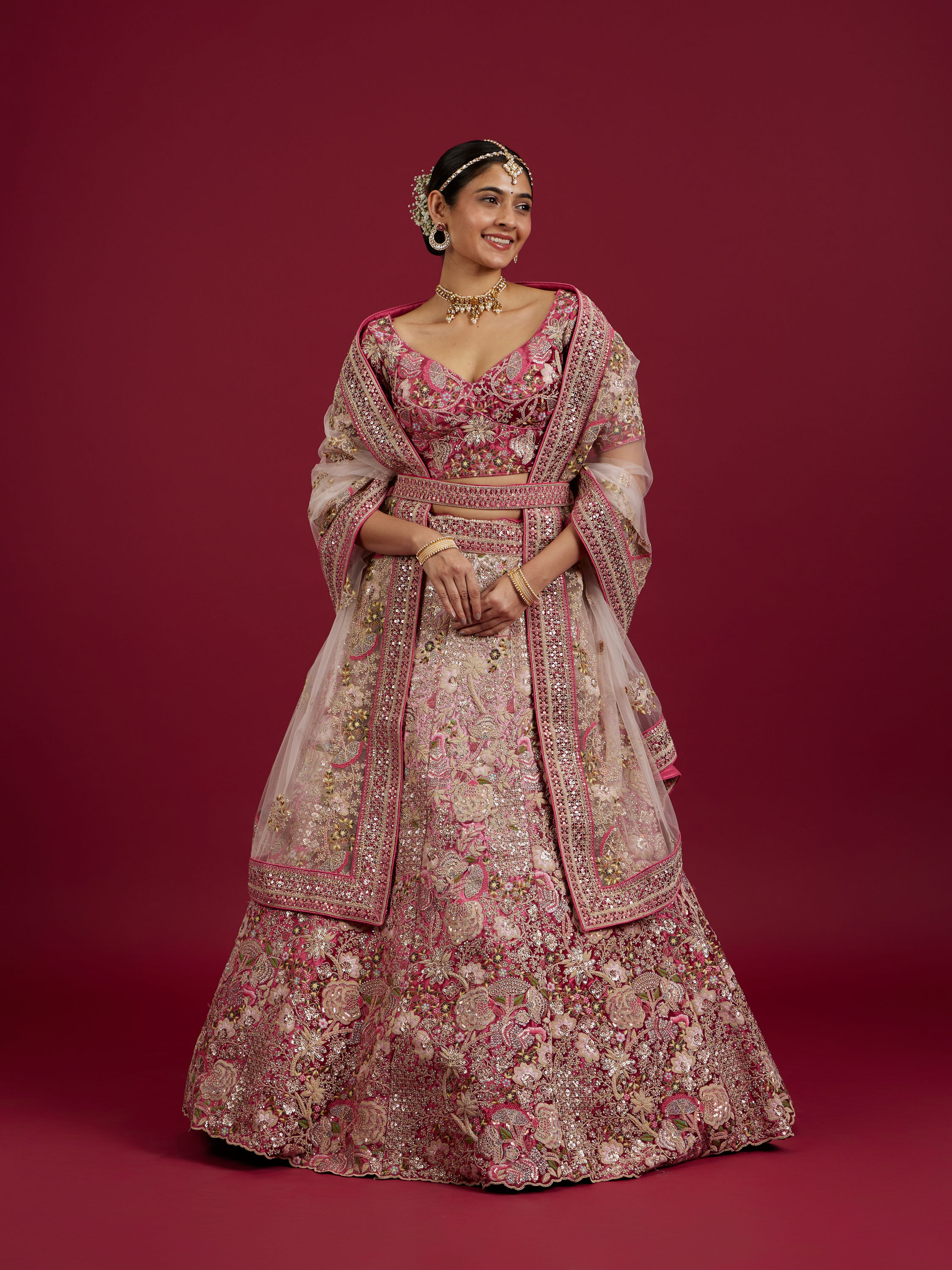 Mohey Women Berry Pink Floral Embroidered Bridal Lehenga