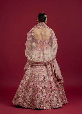 Mohey Women Berry Pink Floral Embroidered Bridal Lehenga image number 4