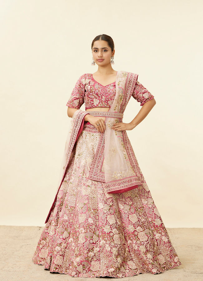 alt message - Mohey Women Berry Pink Floral Embroidered Bridal Lehenga image number 0