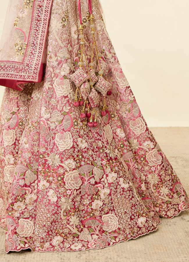 alt message - Mohey Women Berry Pink Floral Embroidered Bridal Lehenga image number 3