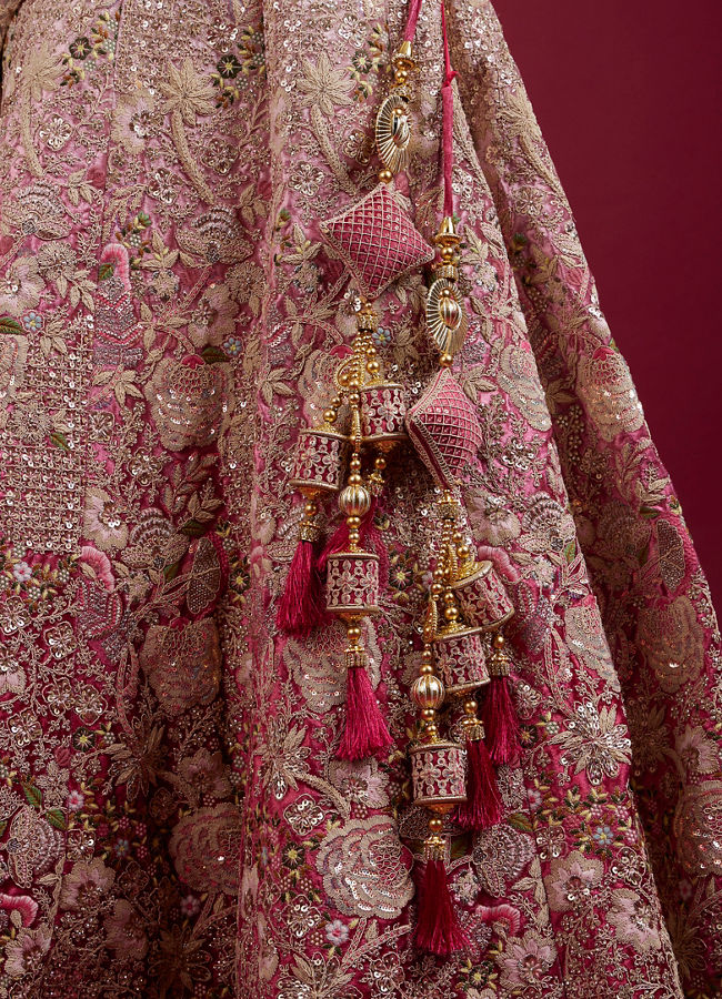Mohey Women Berry Pink Floral Embroidered Bridal Lehenga