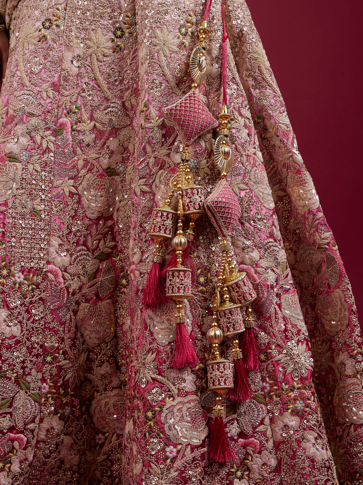 Mohey Women Berry Pink Floral Embroidered Bridal Lehenga
