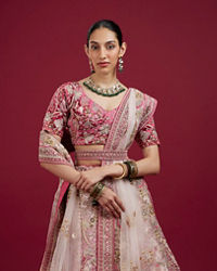 Mohey Women Berry Pink Floral Embroidered Bridal Lehenga
