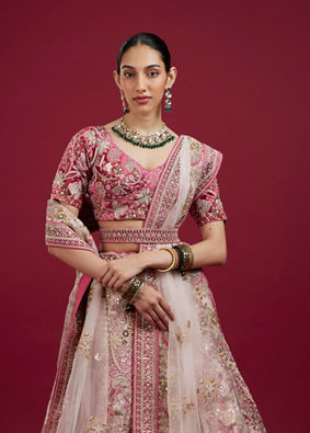 Mohey Women Berry Pink Floral Embroidered Bridal Lehenga
