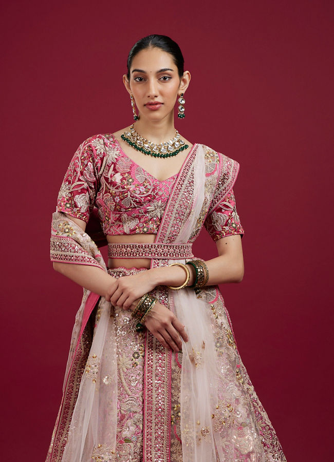 Mohey Women Berry Pink Floral Embroidered Bridal Lehenga