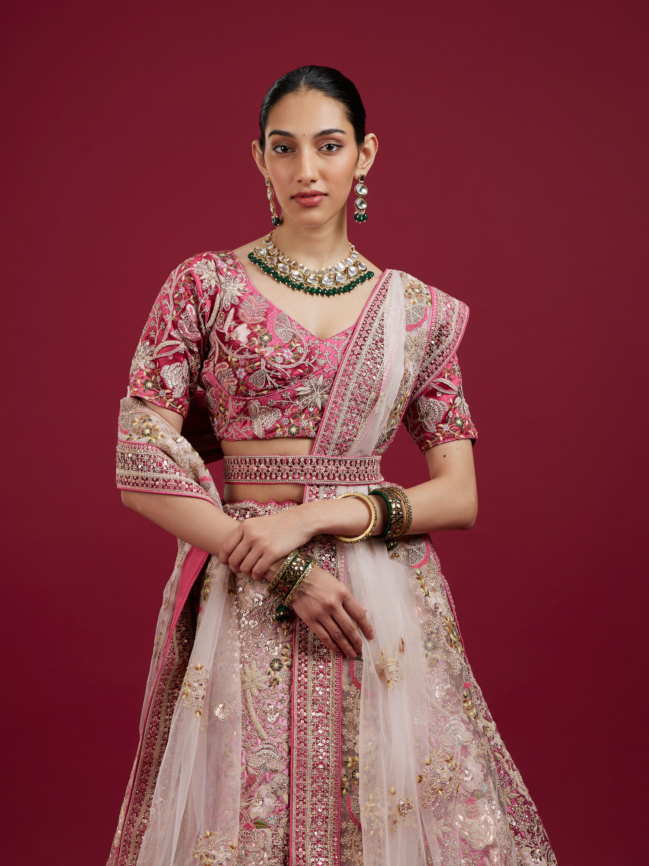 Mohey Women Berry Pink Floral Embroidered Bridal Lehenga
