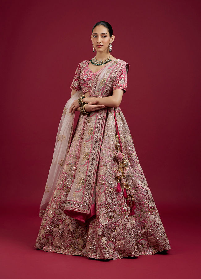Mohey Women Berry Pink Floral Embroidered Bridal Lehenga