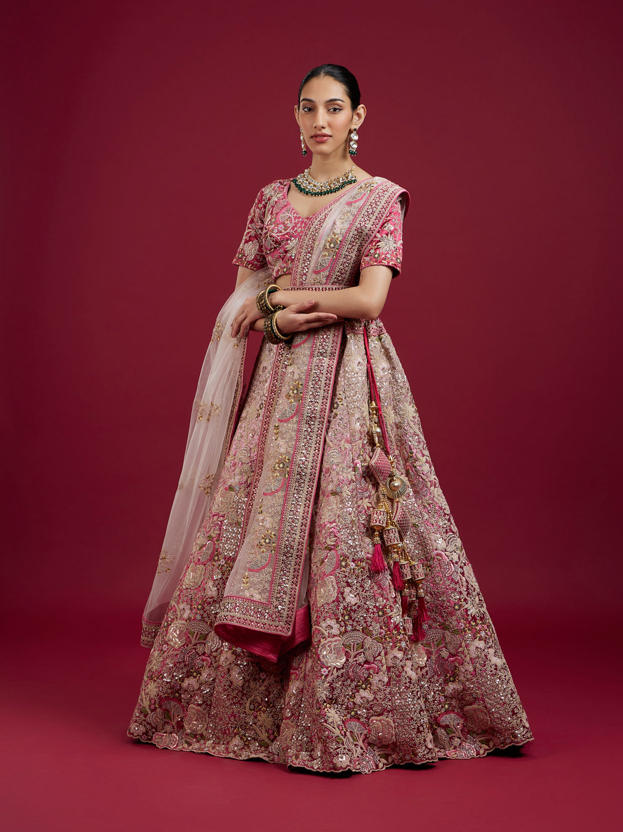 Mohey Women Berry Pink Floral Embroidered Bridal Lehenga