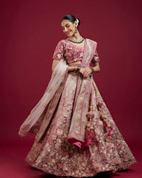 Mohey Women Berry Pink Floral Embroidered Bridal Lehenga