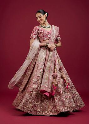 Mohey Women Berry Pink Floral Embroidered Bridal Lehenga
