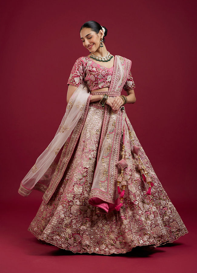 Mohey Women Berry Pink Floral Embroidered Bridal Lehenga