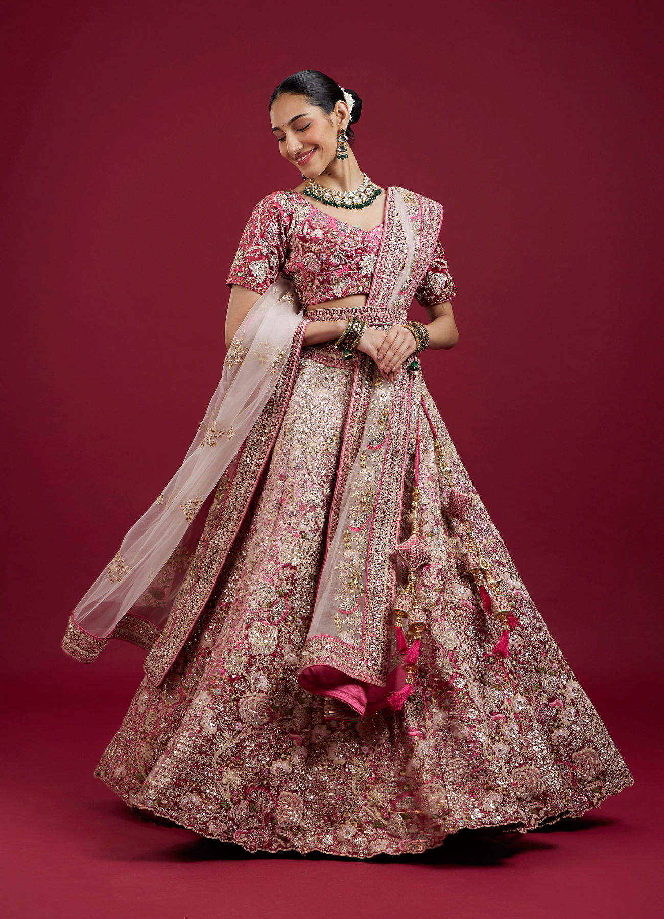 Mohey Women Berry Pink Floral Embroidered Bridal Lehenga