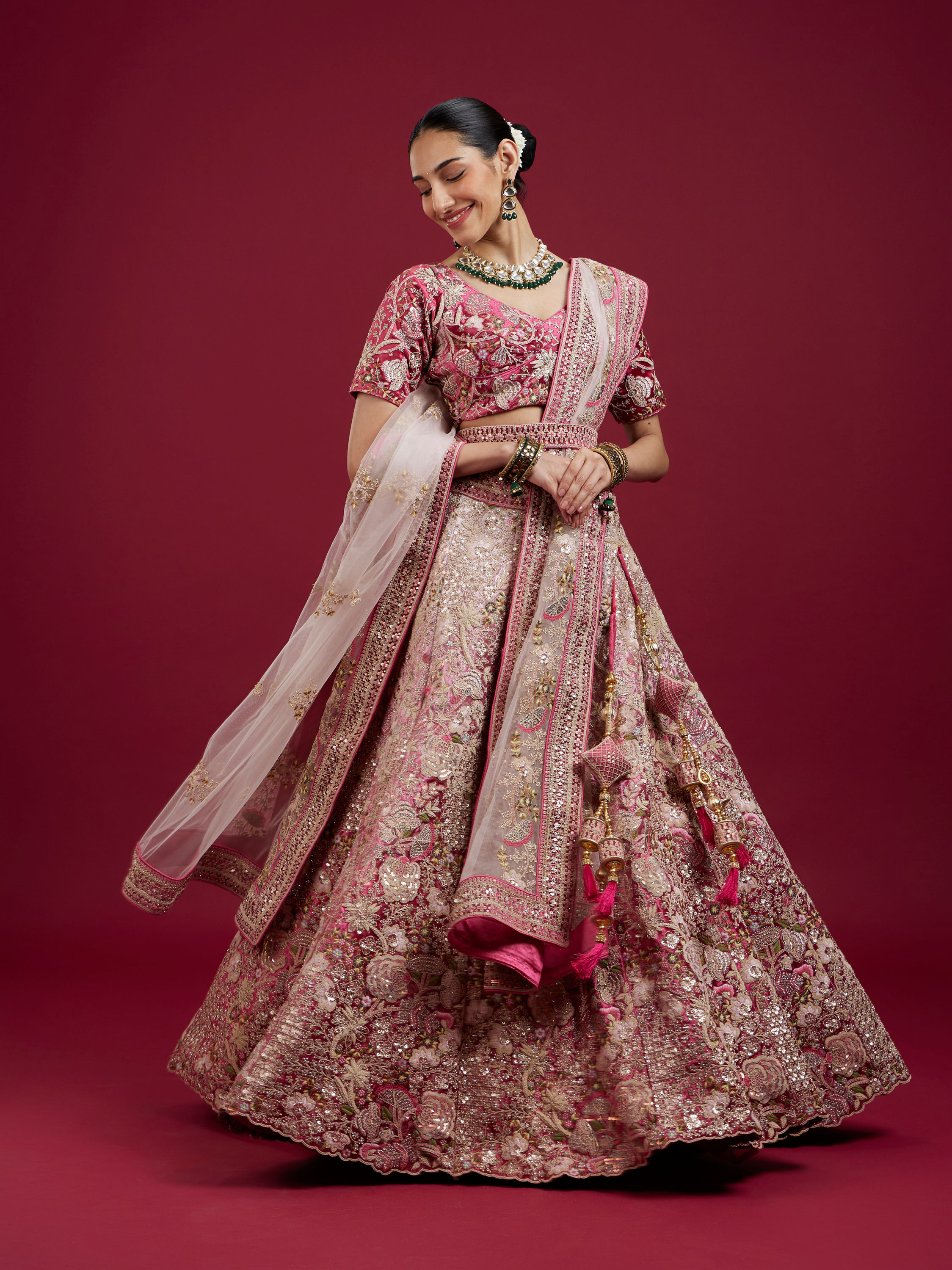 Mohey Women Berry Pink Floral Embroidered Bridal Lehenga