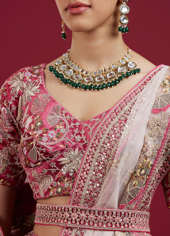 Mohey Women Berry Pink Floral Embroidered Bridal Lehenga