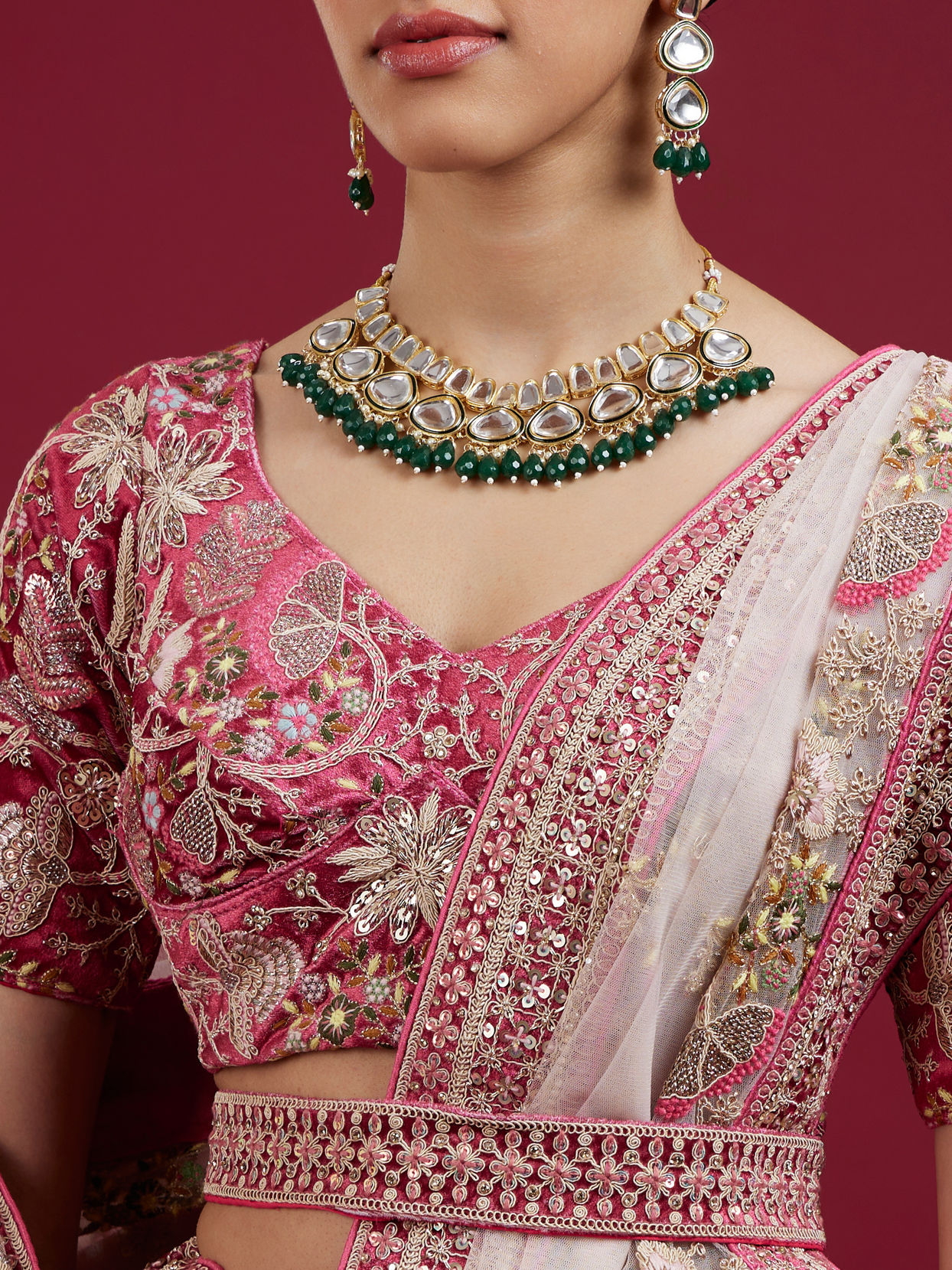 Mohey Women Berry Pink Floral Embroidered Bridal Lehenga