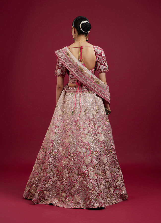 Mohey Women Berry Pink Floral Embroidered Bridal Lehenga