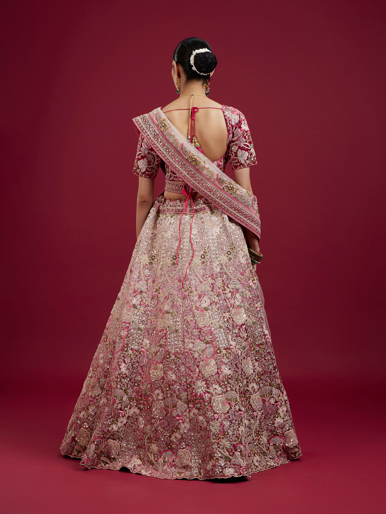 Mohey Women Berry Pink Floral Embroidered Bridal Lehenga