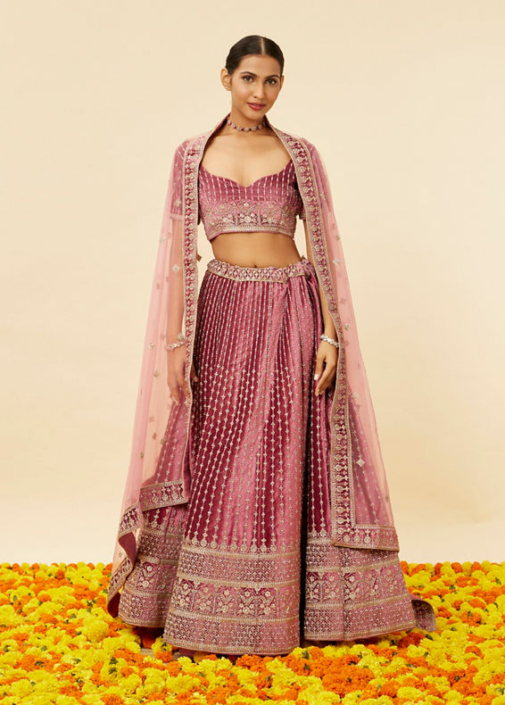 Mohey Women Rouge Pink Stone Work Bridal Lehenga