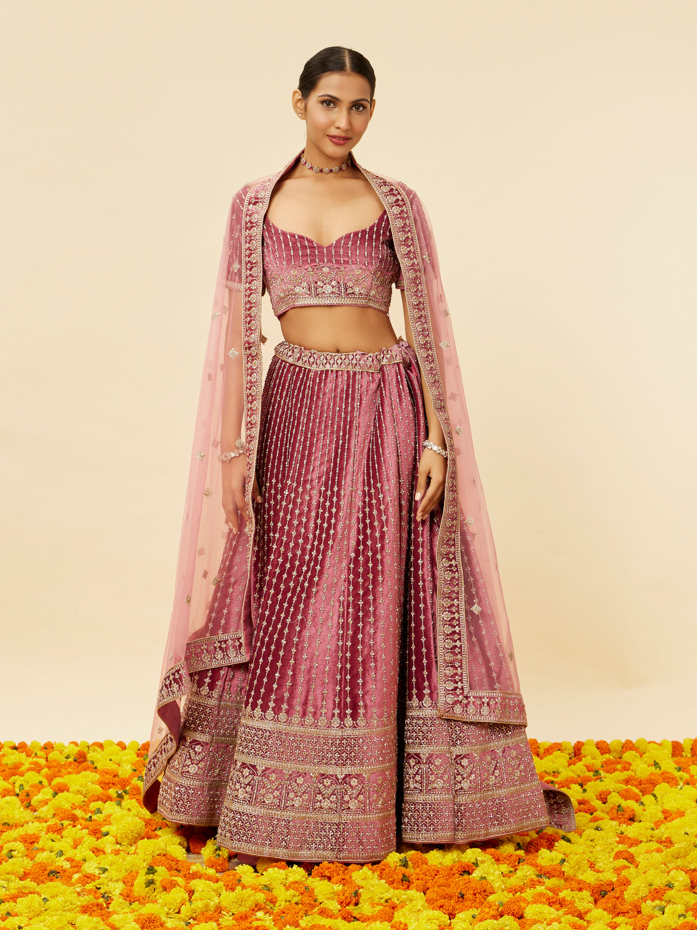 Mohey Women Rouge Pink Stone Work Bridal Lehenga