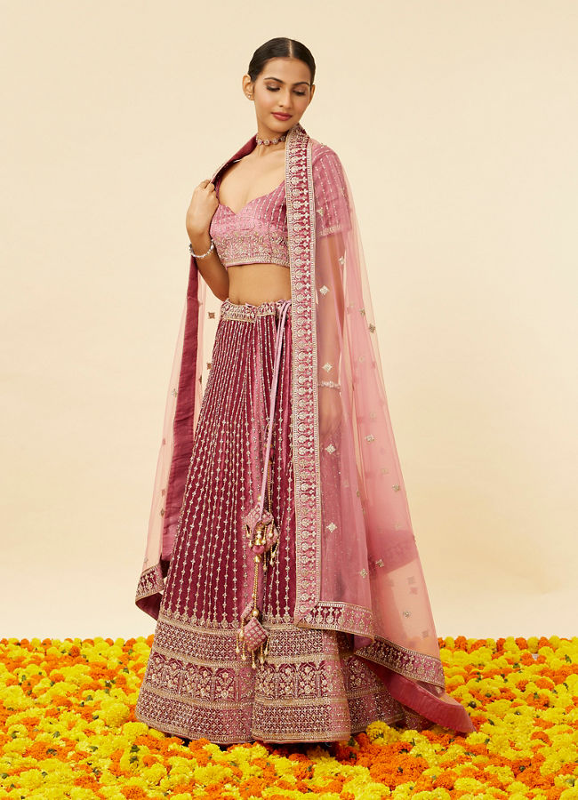 Mohey Women Rouge Pink Stone Work Bridal Lehenga