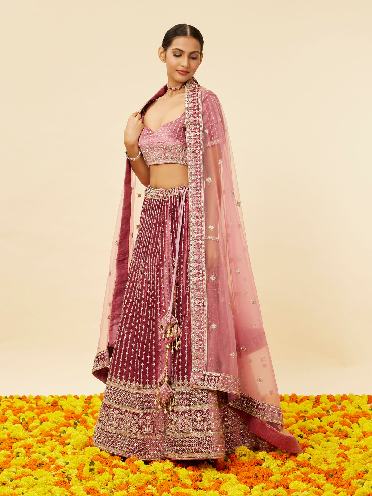 Mohey Women Rouge Pink Stone Work Bridal Lehenga