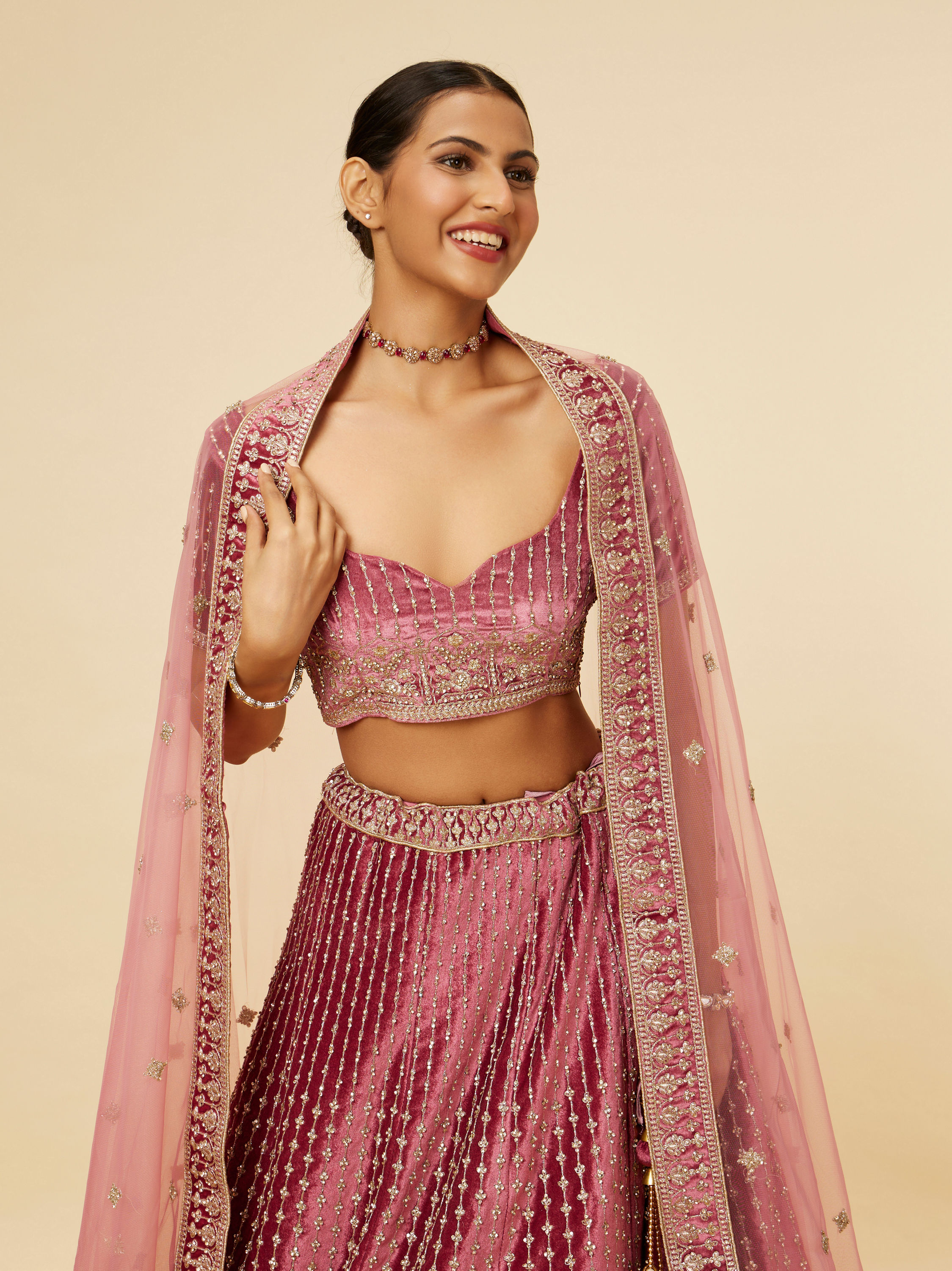 Mohey Women Rouge Pink Stone Work Bridal Lehenga