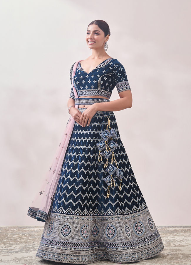 Mohey Women Teal Blue Embroidered Bridal Lehenga