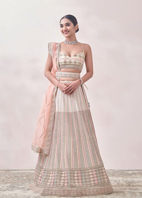 Mohey Women Pearled Ivory Linear Patterned Bridal Lehenga