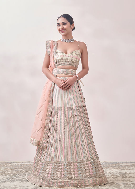 Mohey Women Pearled Ivory Linear Patterned Bridal Lehenga