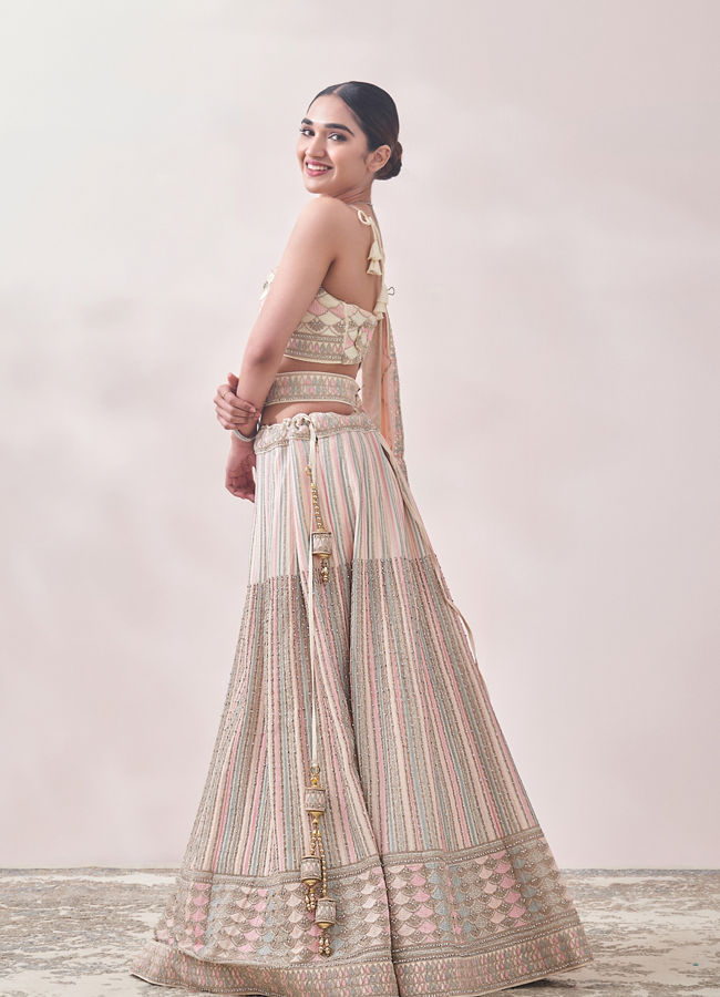 Mohey Women Pearled Ivory Linear Patterned Bridal Lehenga