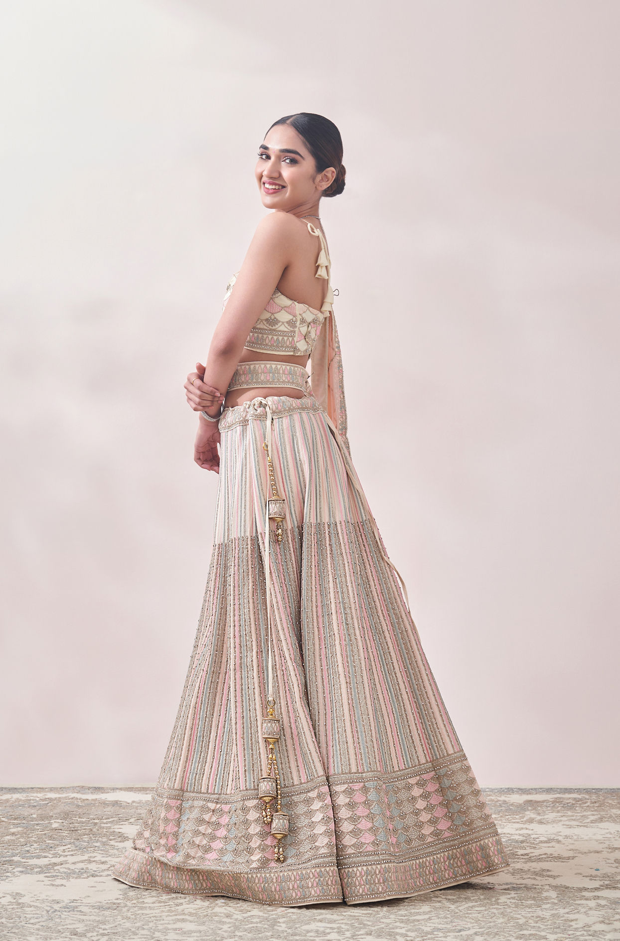 Mohey Women Pearled Ivory Linear Patterned Bridal Lehenga