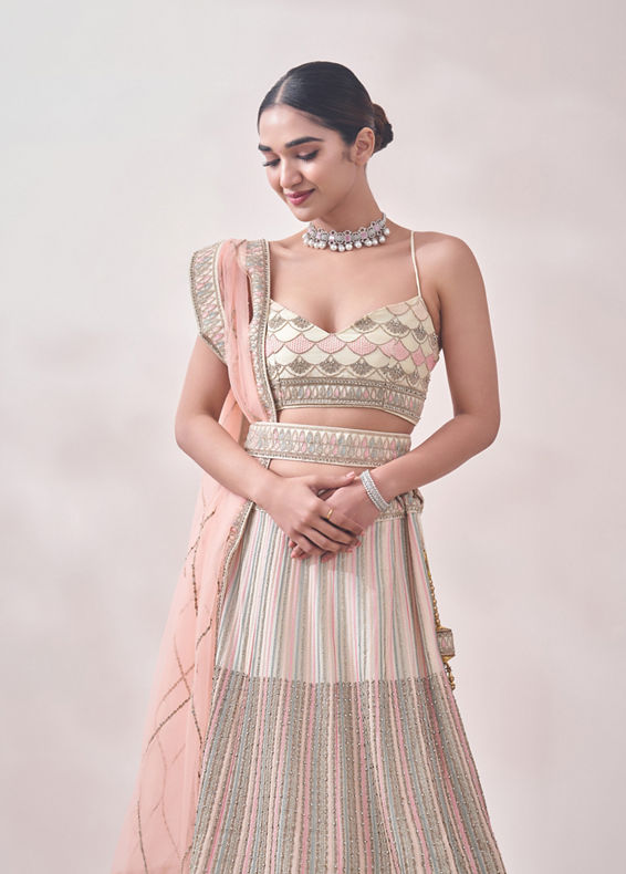 Mohey Women Pearled Ivory Linear Patterned Bridal Lehenga