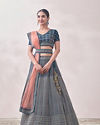 Twilight Blue Linear Patterned Bridal Lehenga image number 0