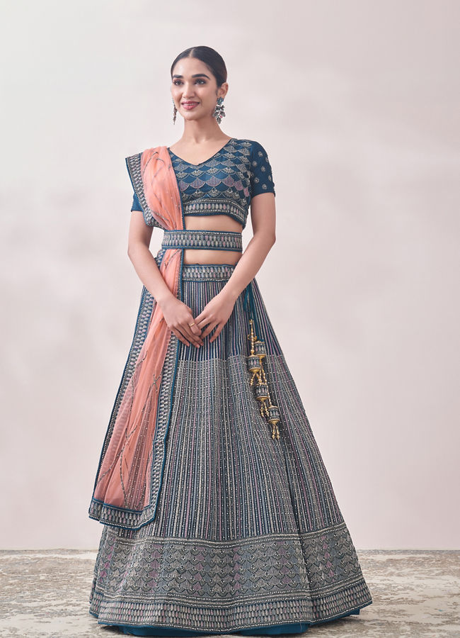 Twilight Blue Linear Patterned Bridal Lehenga image number 0