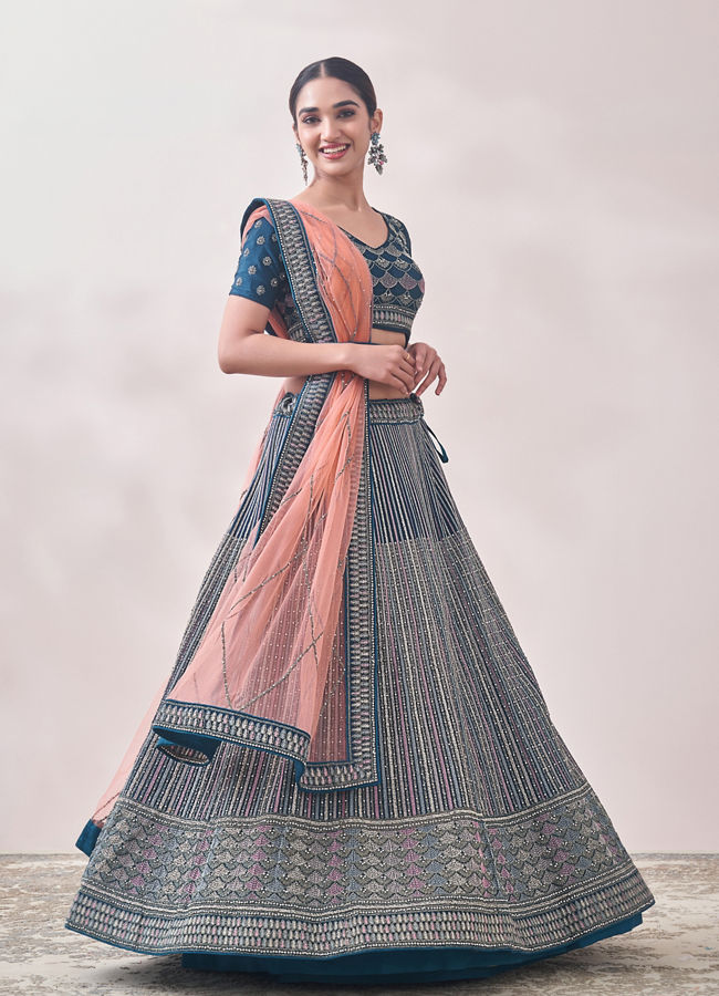 Mohey Women Twilight Blue Linear Patterned Bridal Lehenga