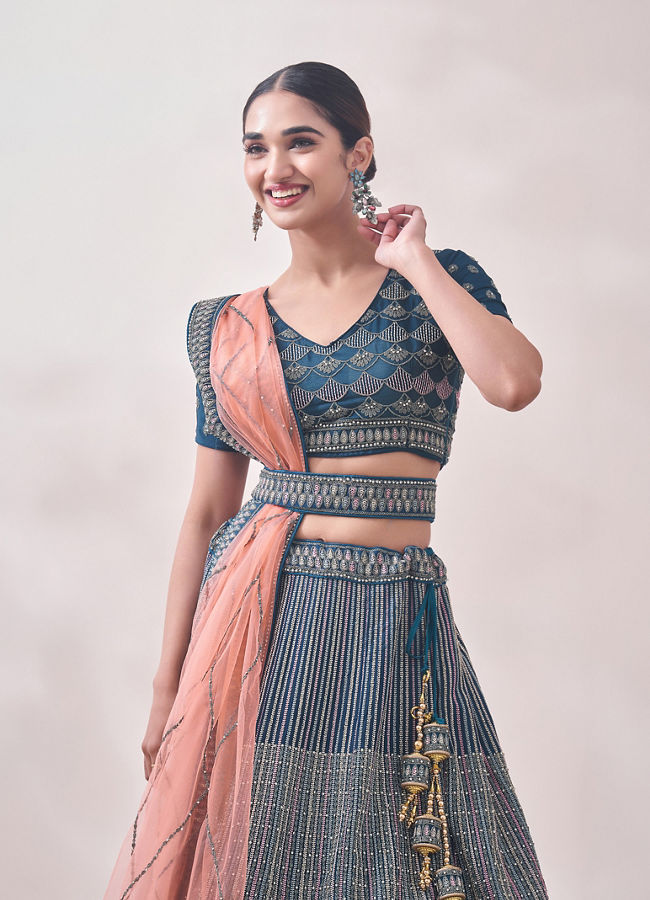 Twilight Blue Linear Patterned Bridal Lehenga image number 1