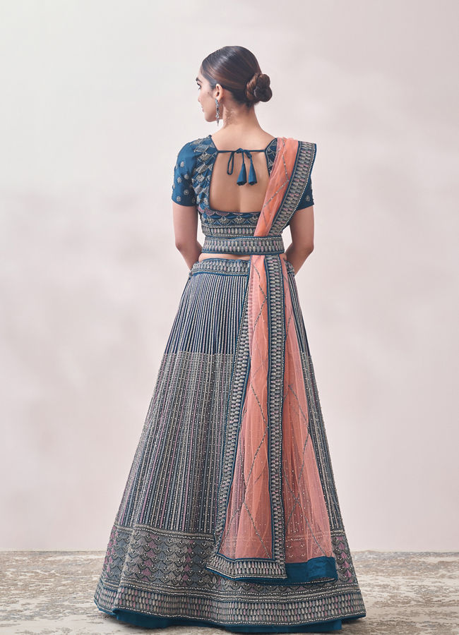 Twilight Blue Linear Patterned Bridal Lehenga image number 3