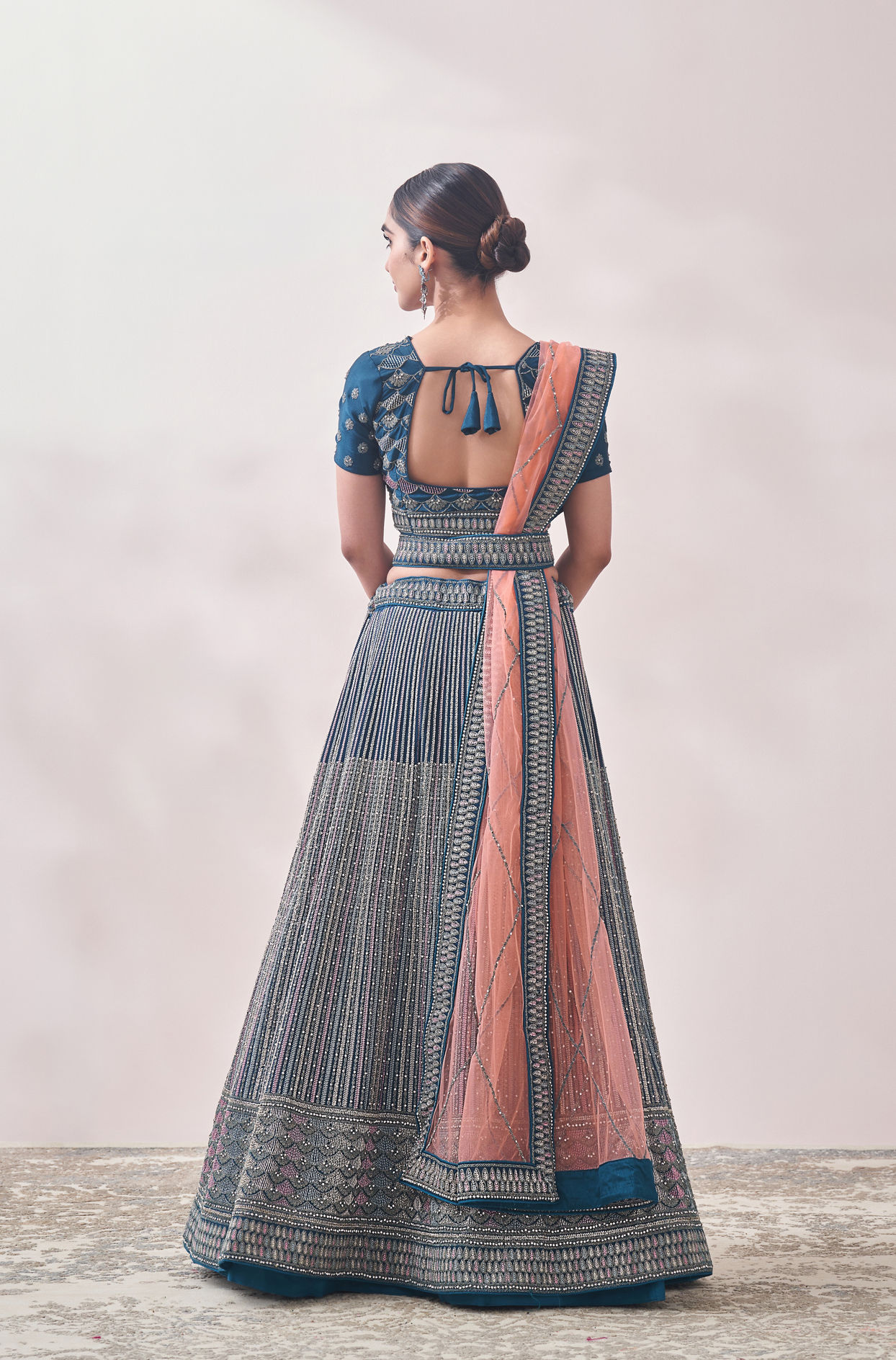 Mohey Women Twilight Blue Linear Patterned Bridal Lehenga