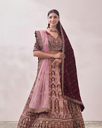 Mohey Women Peony Pink and Maroon Imperial Patterned Bridal Lehenga