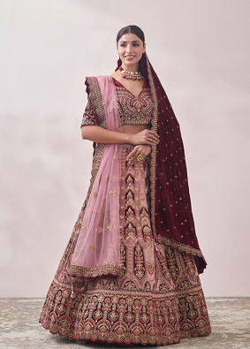 Peony Pink and Maroon Imperial Patterned Bridal Lehenga image number 1