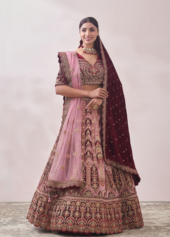 Mohey Women Peony Pink and Maroon Imperial Patterned Bridal Lehenga