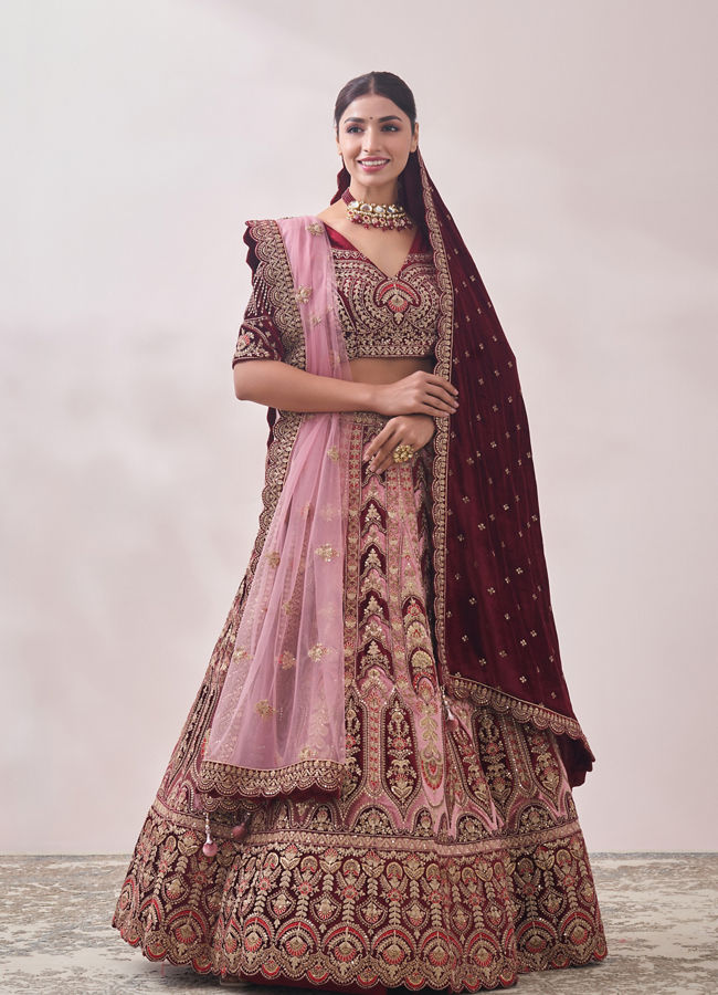 Peony Pink and Maroon Imperial Patterned Bridal Lehenga image number 0
