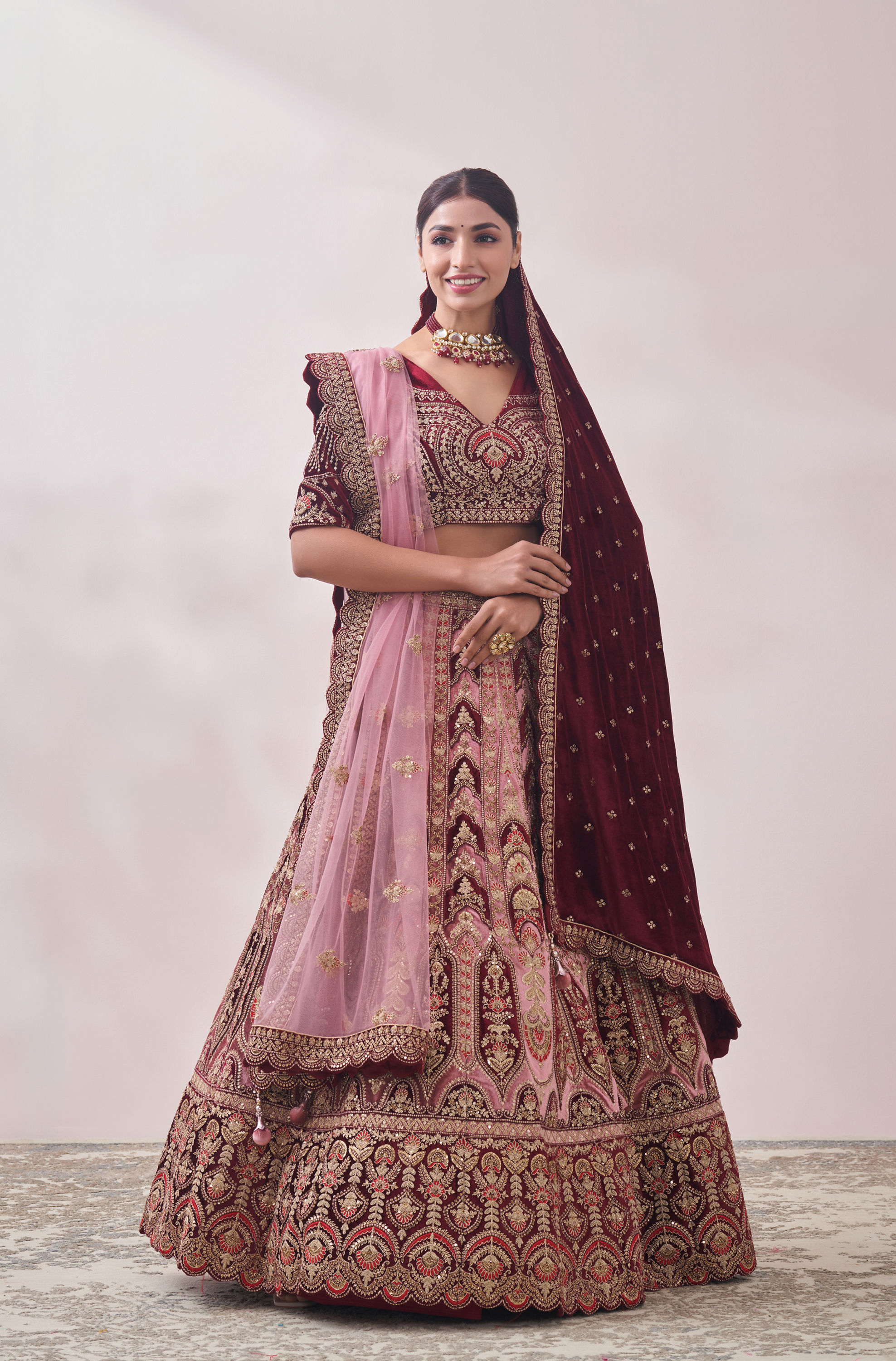 Mohey Women Peony Pink and Maroon Imperial Patterned Bridal Lehenga