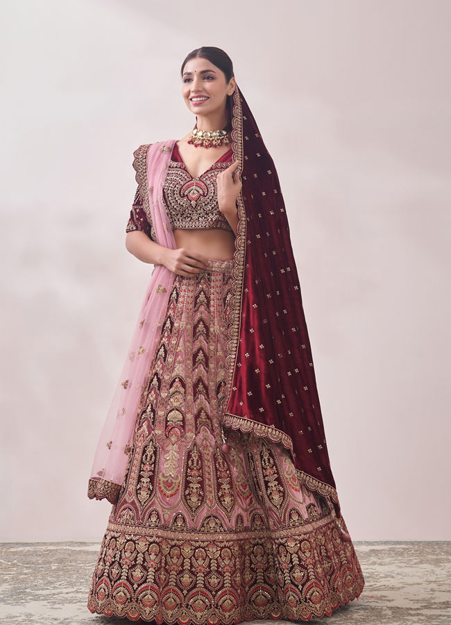 Peony Pink and Maroon Imperial Patterned Bridal Lehenga image number 2