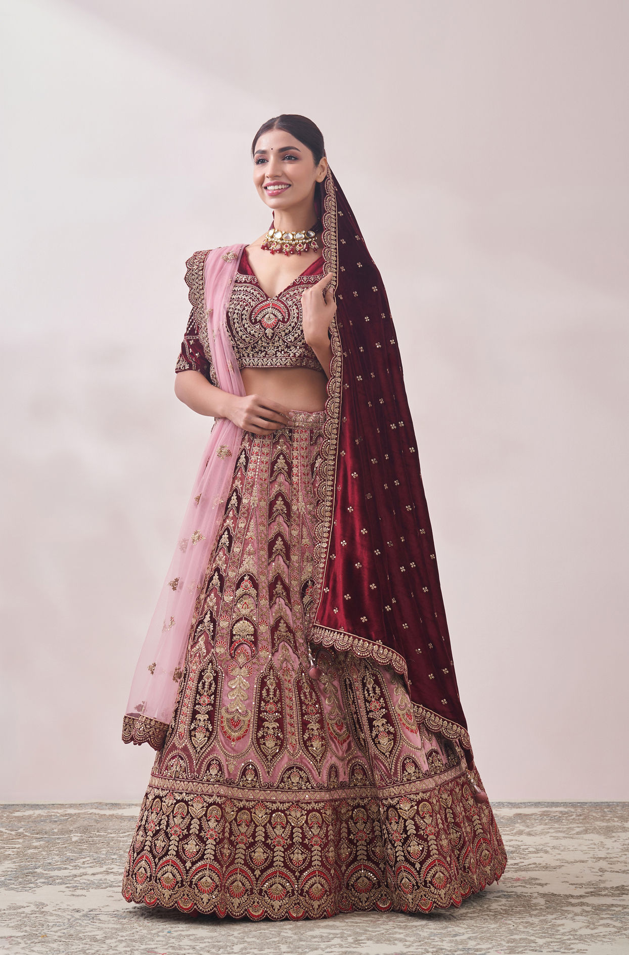 Peony Pink and Maroon Imperial Patterned Bridal Lehenga image number 2